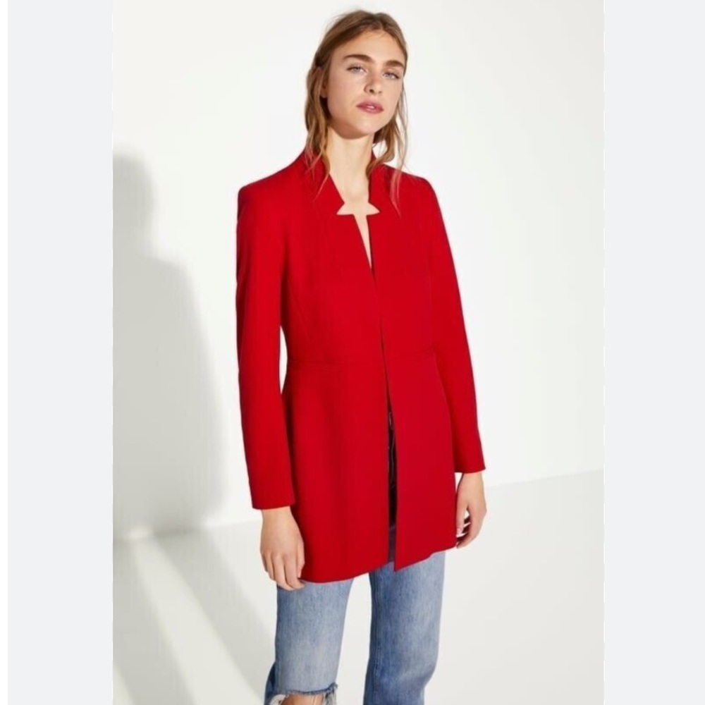 Zara Inverted Lapel Blazer Red Frock Coat Longline Jacket Collar Basic